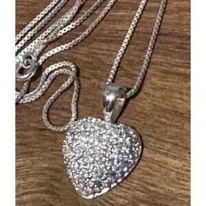 Sterling Silver Pavé Masonite Diamond Heart Pendant & 925 Box Necklace 18”